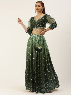 Ethnovog Ready To Wear Green Embroidered Ombre Embellished Lehenga Set 3