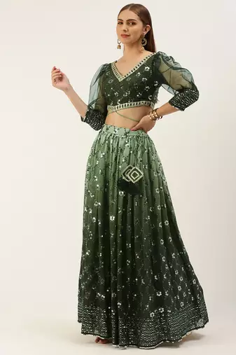 Ethnovog Ready To Wear Green Embroidered Ombre Embellished Lehenga Set