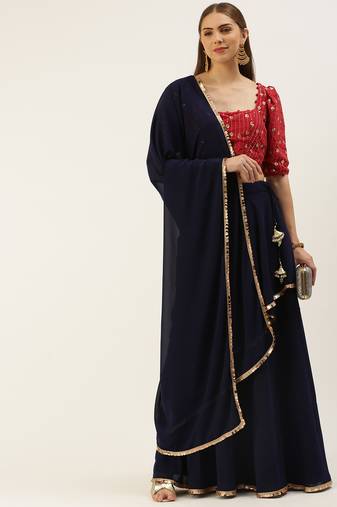 Ethnovog Ready To Wear Dark Pink N Navy Blue Embroidered Lehenga Set