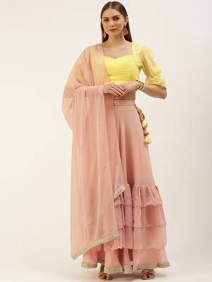 EthnoVog Ready To Wear Yellow N Pink Embroidered Layered Lehenga Set 1