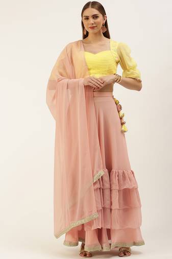 EthnoVog Ready To Wear Yellow N Pink Embroidered Layered Lehenga Set