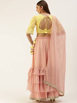 EthnoVog Ready To Wear Yellow N Pink Embroidered Layered Lehenga Set 2