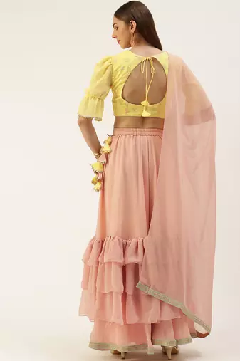 EthnoVog Ready To Wear Yellow N Pink Embroidered Layered Lehenga Set