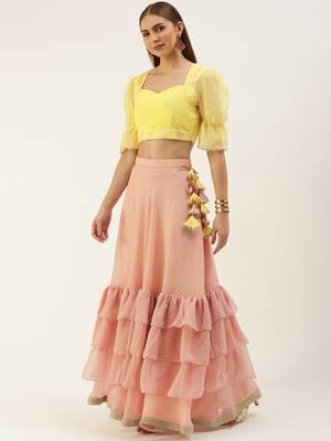 EthnoVog Ready To Wear Yellow N Pink Embroidered Layered Lehenga Set 3