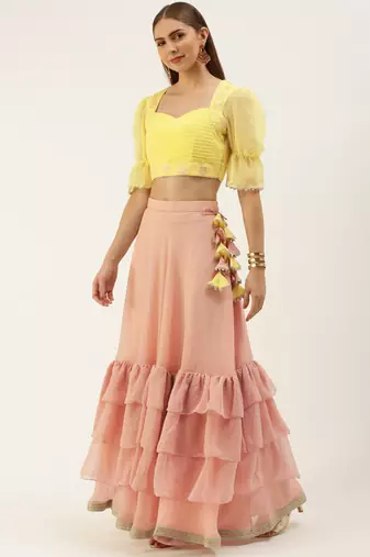EthnoVog Ready To Wear Yellow N Pink Embroidered Layered Lehenga Set