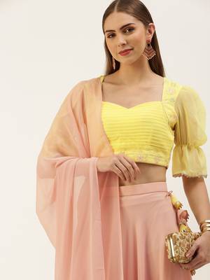 EthnoVog Ready To Wear Yellow N Pink Embroidered Layered Lehenga Set 4