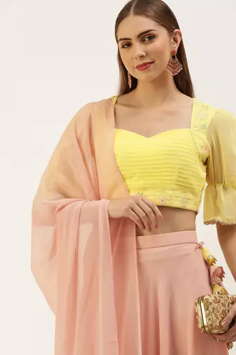 EthnoVog Ready To Wear Yellow N Pink Embroidered Layered Lehenga Set
