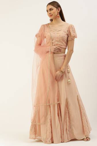 Ethnovog Ready To Wear Peach Georgette Embroidered Lehenga Set