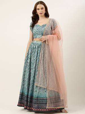Ethnovog Ready To Wear Cream and Blue Printed N Embroidered Lehenga Set 1