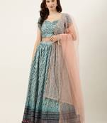 Ethnovog Ready To Wear Cream and Blue Printed N Embroidered Lehenga Set