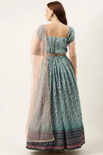 Ethnovog Ready To Wear Cream and Blue Printed N Embroidered Lehenga Set