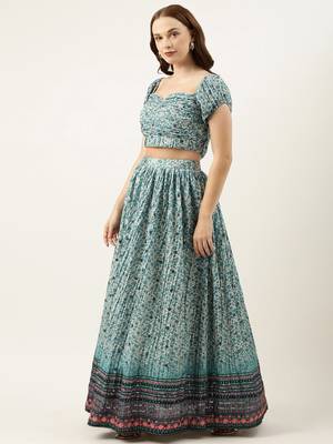 Ethnovog Ready To Wear Cream and Blue Printed N Embroidered Lehenga Set 3