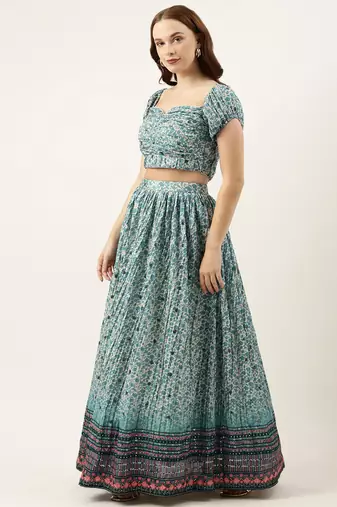 Ethnovog Ready To Wear Cream and Blue Printed N Embroidered Lehenga Set