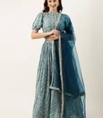 Ethnovog Ready To Wear Blue Chinon Printed N Embroidered Lehenga Set