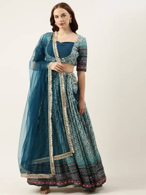 Ethnovog Ready To Wear Cream N Blue Chinon Embroidered Lehenga 1