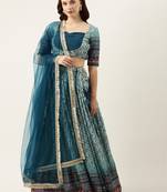 Ethnovog Ready To Wear Cream N Blue Chinon Embroidered Lehenga