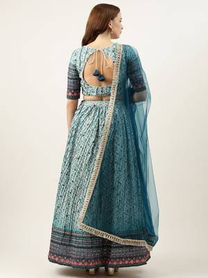 Ethnovog Ready To Wear Cream N Blue Chinon Embroidered Lehenga 2