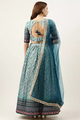 Ethnovog Ready To Wear Cream N Blue Chinon Embroidered Lehenga