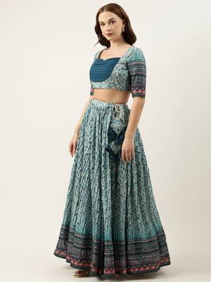 Ethnovog Ready To Wear Cream N Blue Chinon Embroidered Lehenga 3
