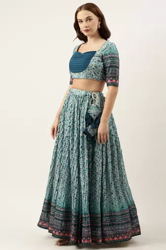 Ethnovog Ready To Wear Cream N Blue Chinon Embroidered Lehenga
