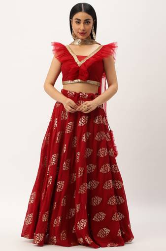 Ethnovog Ready To Wear Maroon Georgette Embroidered Lehenga Set
