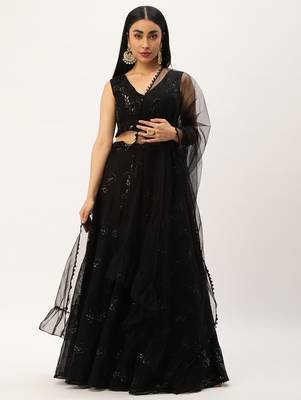 Ethnovog Ready To Wear Black Embroidered Organza Lehenga Set 1
