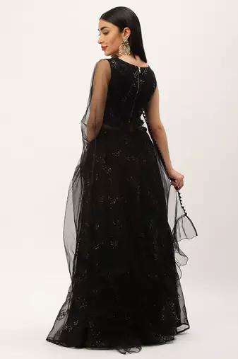 Ethnovog Ready To Wear Black Embroidered Organza Lehenga Set