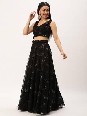 Ethnovog Ready To Wear Black Embroidered Organza Lehenga Set 3