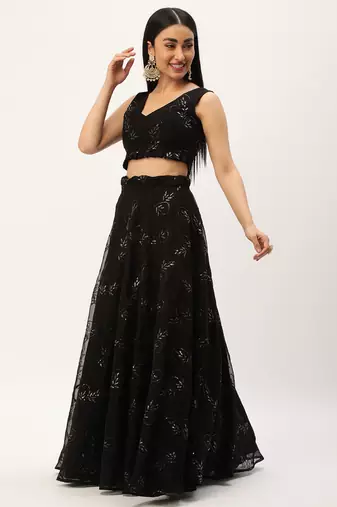 Ethnovog Ready To Wear Black Embroidered Organza Lehenga Set