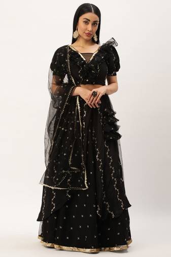 Ethnovog Ready To Wear Black Viscose Embroidered Lehenga Set