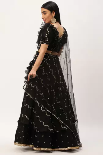 Ethnovog Ready To Wear Black Viscose Embroidered Lehenga Set