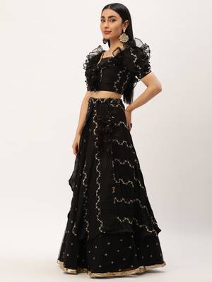 Ethnovog Ready To Wear Black Viscose Embroidered Lehenga Set 3