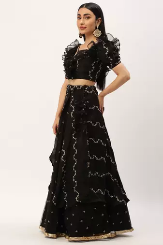Ethnovog Ready To Wear Black Viscose Embroidered Lehenga Set