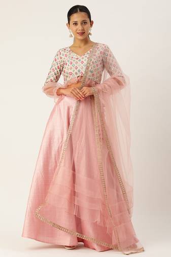 Ethnovog Ready To Wear White N Pink Chinon Embroidered Lehenga Set