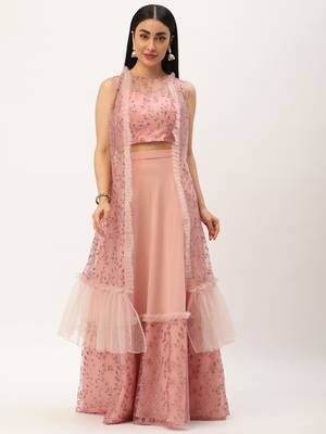 Ethnovog Ready To Wear Pink Foil Printed Net Lehenga Jacket Set 1