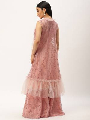 Ethnovog Ready To Wear Pink Foil Printed Net Lehenga Jacket Set 2