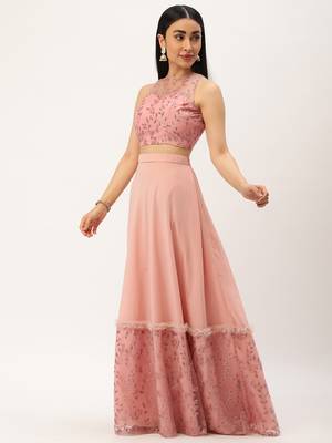 Ethnovog Ready To Wear Pink Foil Printed Net Lehenga Jacket Set 3