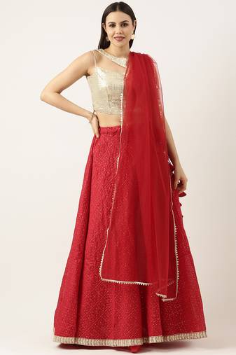 Ethnovog Ready To Wear Silver N Dark Red Georgette Sequins Embroidered Lehenga Set
