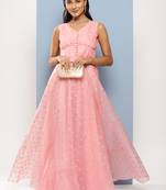Ethnovog Ready To Wear Pink Organza Jacquard Maxi Dress