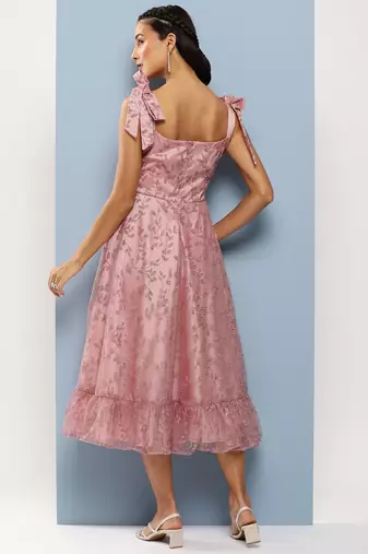 Ethnovog Ready To Wear Pink Embroidered Net Corset Style Dress