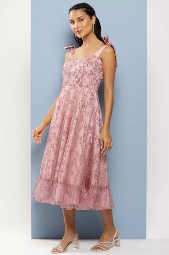 Ethnovog Ready To Wear Pink Embroidered Net Corset Style Dress