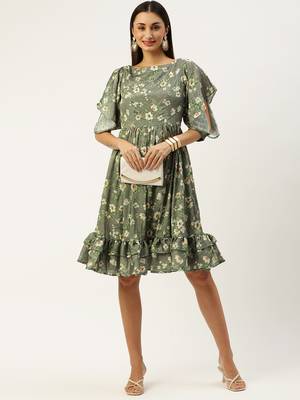 EthnoVog Ready To Wear Mehndi Green Georgette Printed Dress 1