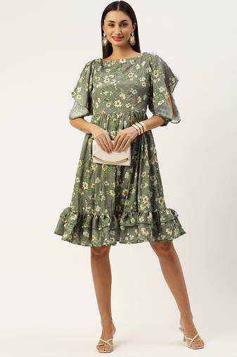 EthnoVog Ready To Wear Mehndi Green Georgette Printed Dress