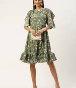 EthnoVog Ready To Wear Mehndi Green Georgette Printed Dress