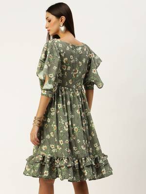 EthnoVog Ready To Wear Mehndi Green Georgette Printed Dress 2