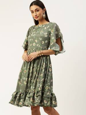 EthnoVog Ready To Wear Mehndi Green Georgette Printed Dress 3