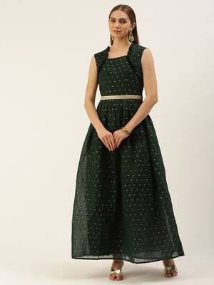 EthnoVog Ready To Wear Teal Green Art Silk Cotton Jacquard Dress 1