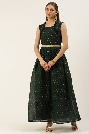 EthnoVog Ready To Wear Teal Green Art Silk Cotton Jacquard Dress