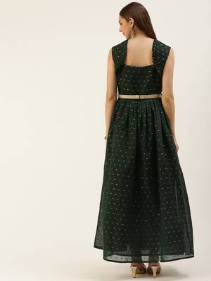 EthnoVog Ready To Wear Teal Green Art Silk Cotton Jacquard Dress 2