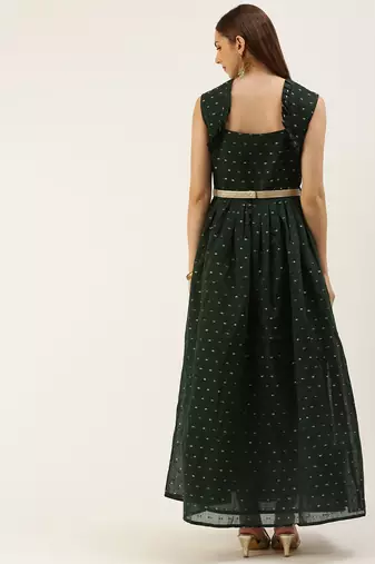 EthnoVog Ready To Wear Teal Green Art Silk Cotton Jacquard Dress